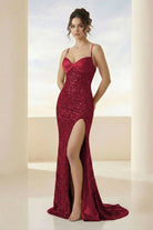 Calisyn | Burgundy - Spaghetti Straps Sequins Mermaid Long Formal Prom Dresses With Slit-KissProm