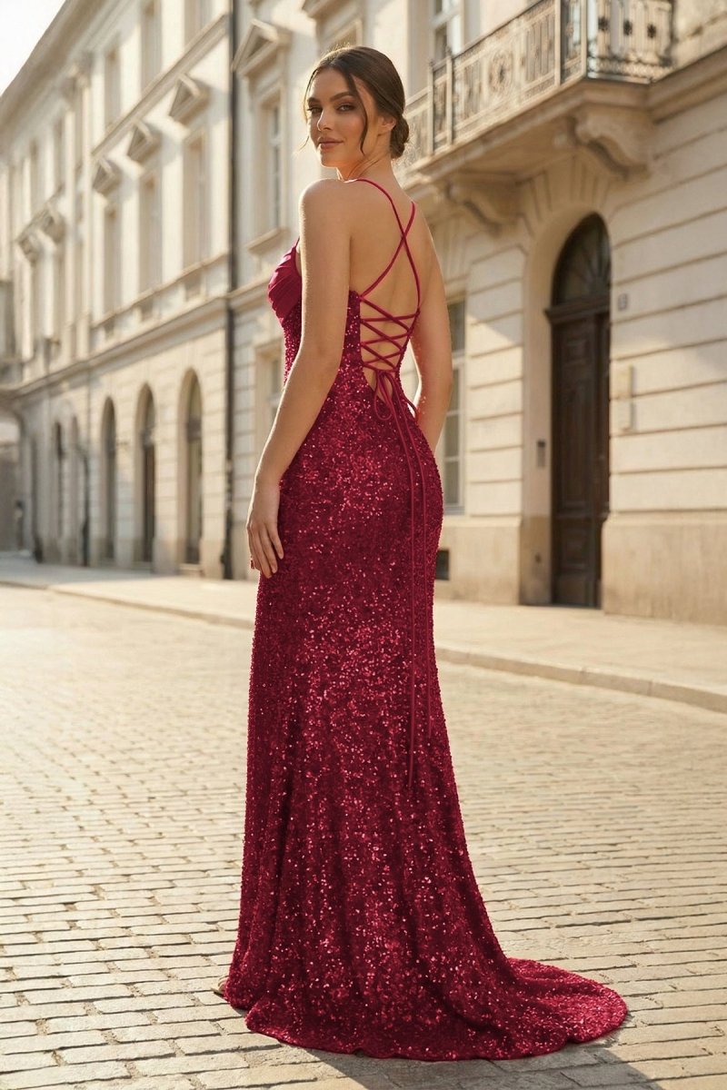 Dark Green Spaghetti Straps Sequins Mermaid Long Formal Prom Dresses With Slit Burgundy / 14