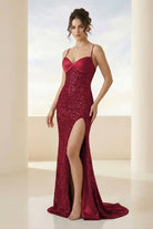 Calisyn | Burgundy - Spaghetti Straps Sequins Mermaid Long Formal Prom Dresses With Slit-KissProm