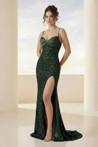 Calisyn | Dark Green - Spaghetti Straps Sequins Mermaid Long Formal Prom Dresses With Slit-KissProm