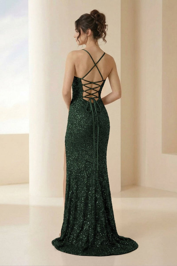 Calisyn | Dark Green - Spaghetti Straps Sequins Mermaid Long Formal Prom Dresses With Slit-KissProm