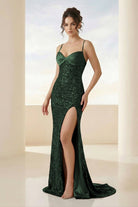 Calisyn | Dark Green - Spaghetti Straps Sequins Mermaid Long Formal Prom Dresses With Slit-KissProm