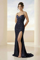 Calisyn | Navy Blue - Spaghetti Straps Sequins Mermaid Long Formal Prom Dresses With Slit-KissProm
