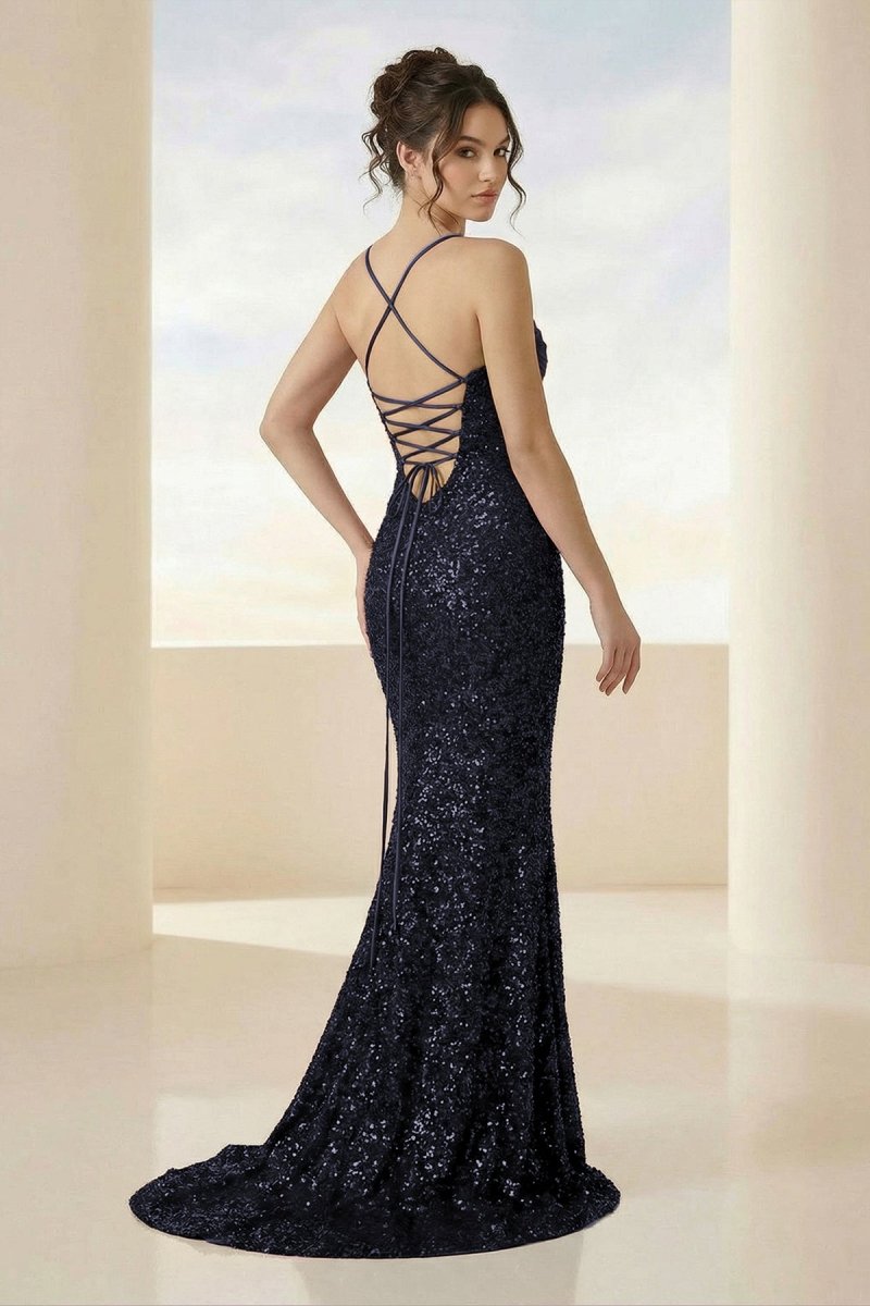 Calisyn | Navy Blue - Spaghetti Straps Sequins Mermaid Long Formal Prom Dresses With Slit-KissProm