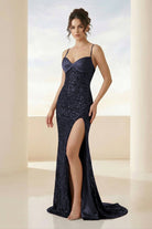 Calisyn | Navy Blue - Spaghetti Straps Sequins Mermaid Long Formal Prom Dresses With Slit-KissProm
