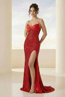 Calisyn | Red - Spaghetti Straps Sequins Mermaid Long Formal Prom Dresses With Slit – Prom Dress by KissProm | Available at KissProm