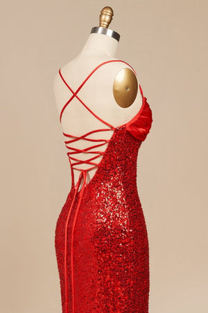 Calisyn | Red - Spaghetti Straps Sequins Mermaid Long Formal Prom Dresses With Slit - KissProm