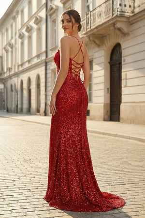 KissProm- Red Spaghetti Straps Sequins Mermaid Long Formal Prom Dresses With Slit