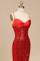 Calisyn | Red - Spaghetti Straps Sequins Mermaid Long Formal Prom Dresses With Slit - KissProm