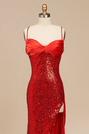 Calisyn | Red - Spaghetti Straps Sequins Mermaid Long Formal Prom Dresses With Slit - KissProm