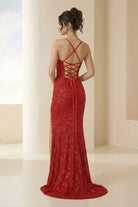 Calisyn | Red - Spaghetti Straps Sequins Mermaid Long Formal Prom Dresses With Slit – Prom Dress by KissProm | Available at KissProm