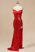 Calisyn | Red - Spaghetti Straps Sequins Mermaid Long Formal Prom Dresses With Slit - KissProm