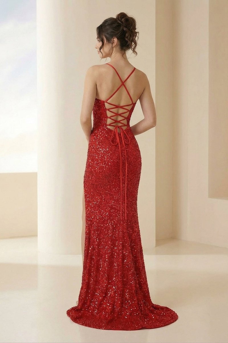 Dark Green Spaghetti Straps Sequins Mermaid Long Formal Prom Dresses With Slit Red / 8