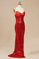 Calisyn | Red - Spaghetti Straps Sequins Mermaid Long Formal Prom Dresses With Slit - KissProm