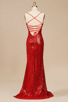 Calisyn | Red - Spaghetti Straps Sequins Mermaid Long Formal Prom Dresses With Slit - KissProm