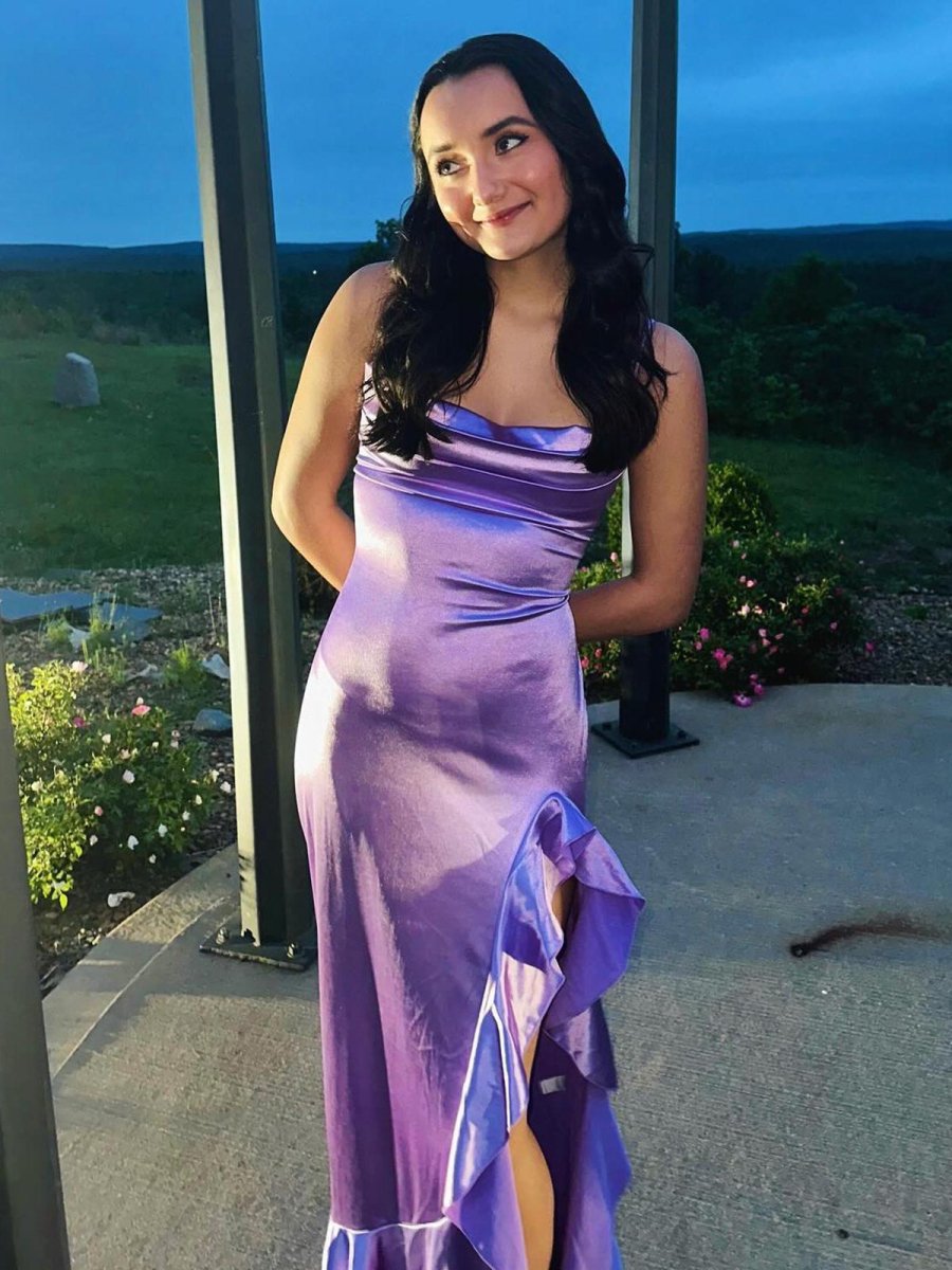 Calivia | Lavender Mermaid Straps Cowl Neck Satin Long Prom Dress - KissProm