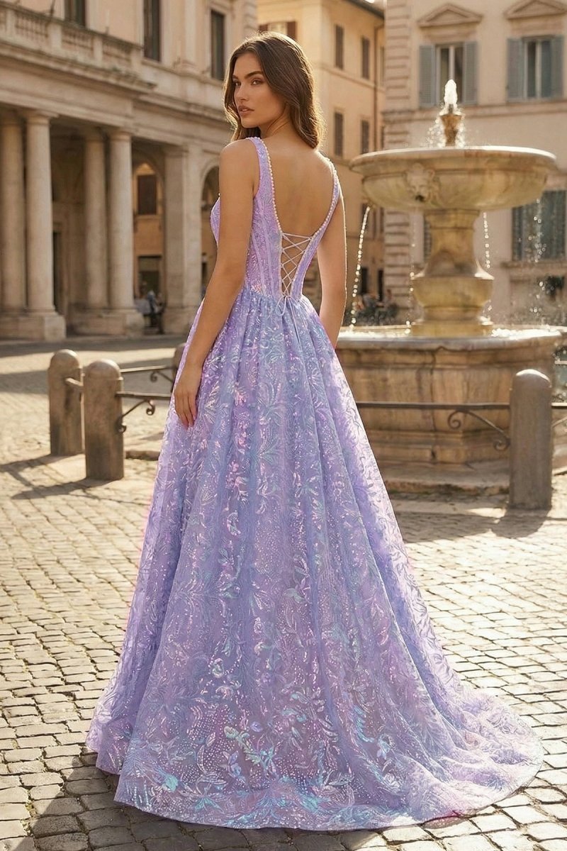 KissProm Lilac Square Neck A Line Sequined Long Formal Prom Dresses With Pearls, Lilac / 18