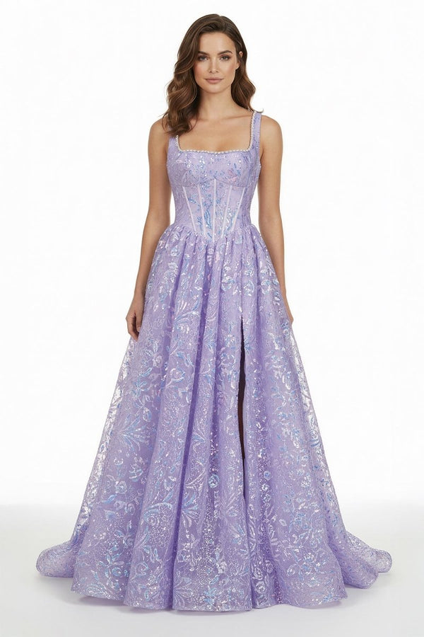 Calyn | Lilac - Square Neck A Line Sequined Long Formal Prom Dresses With Pearls - KissProm
