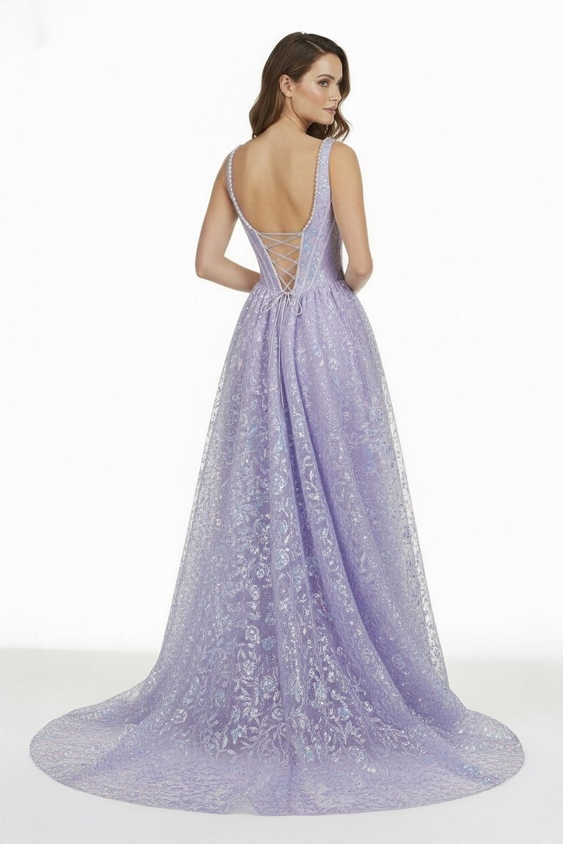 Lilac Square Neck A Line Sequined Long Formal Prom Dresses With Pearls Lilac / 18