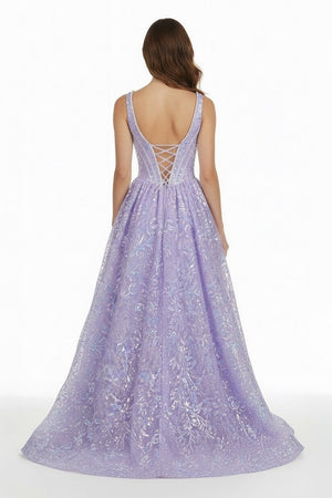 Calyn | Lilac - Square Neck A Line Sequined Long Formal Prom Dresses With Pearls - KissProm