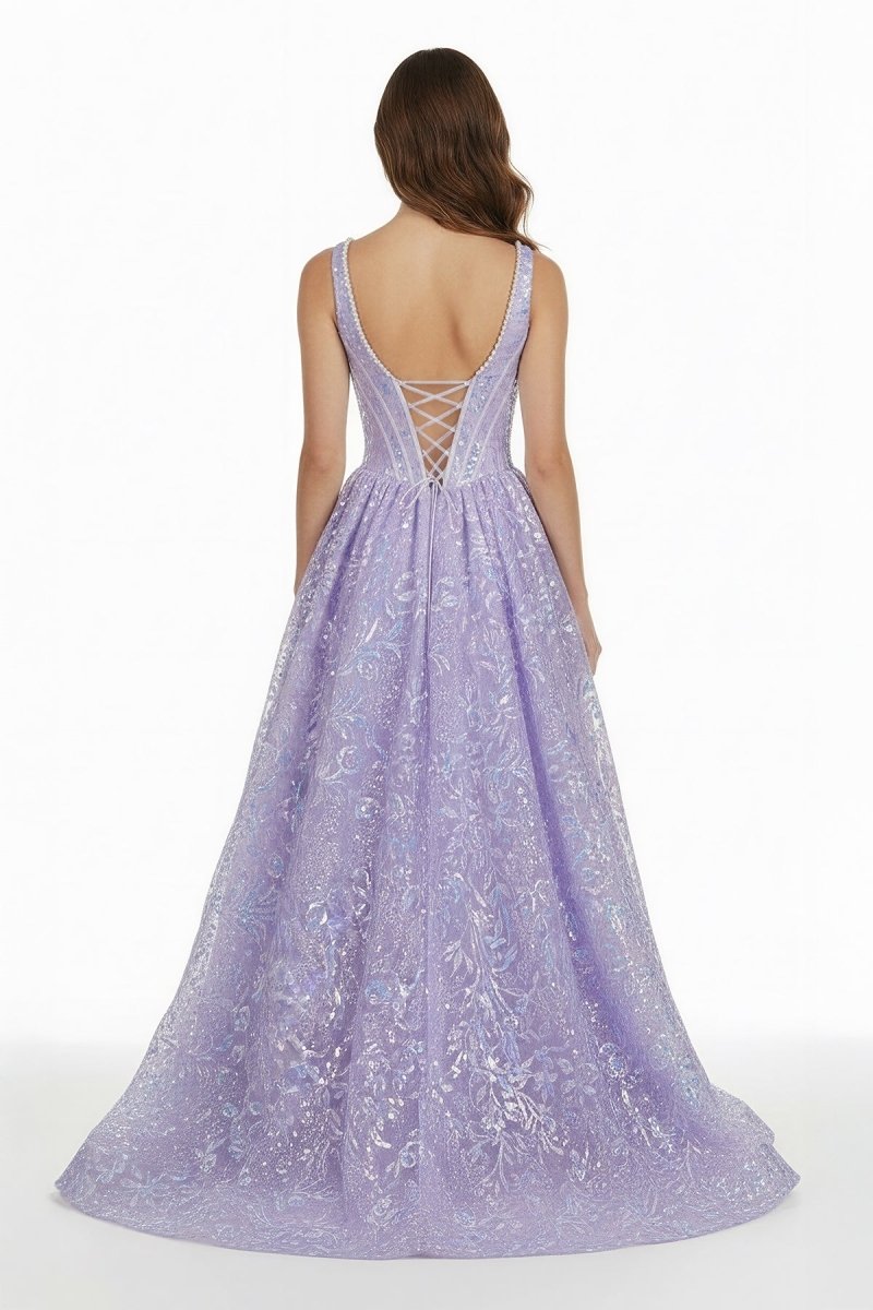 Lilac Square Neck A Line Sequined Long Formal Prom Dresses With Pearls Lilac / 18