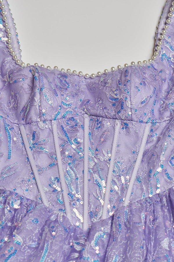 Calyn | Lilac - Square Neck A Line Sequined Long Formal Prom Dresses With Pearls - KissProm