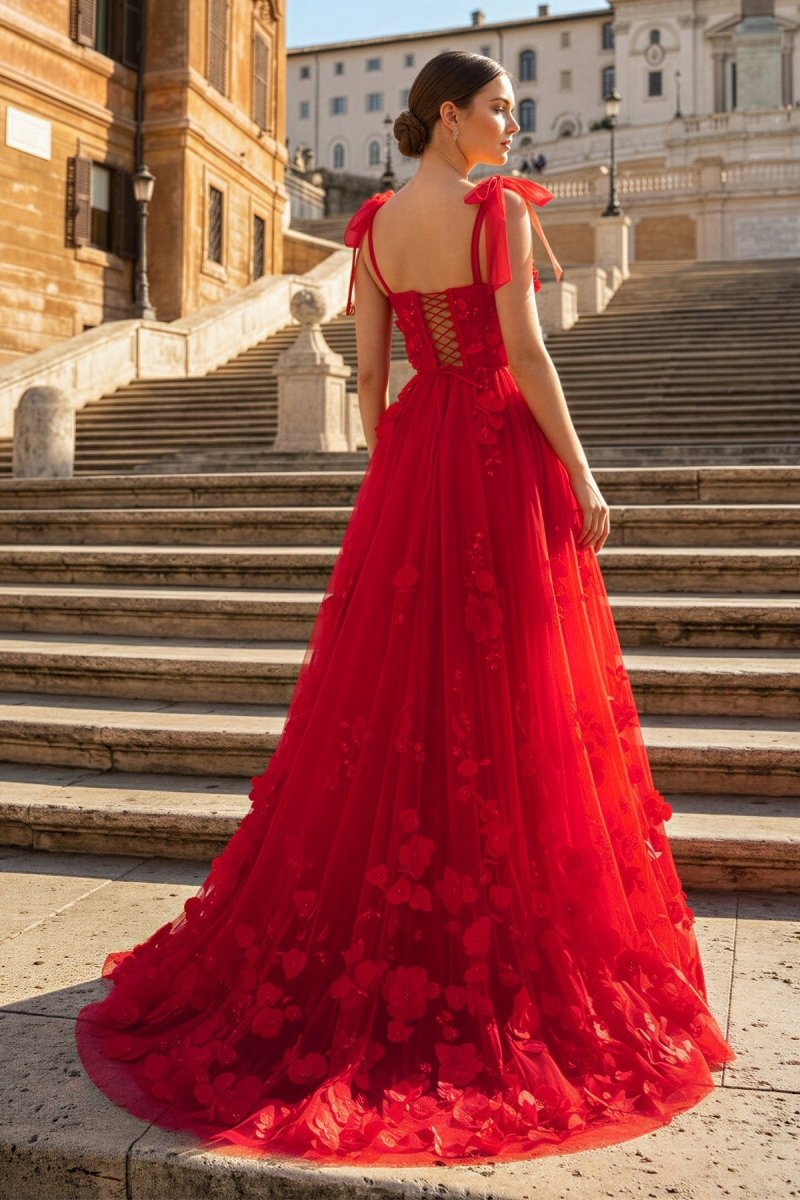 KissProm Scarlet Tulle A-line 3D Flower Long Prom Dress With Slit, Red / 16
