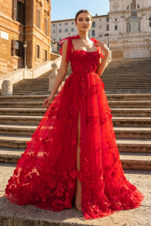 KissProm-Red Scarlet Tulle A-line 3D Flower Long Prom Dress With Slit