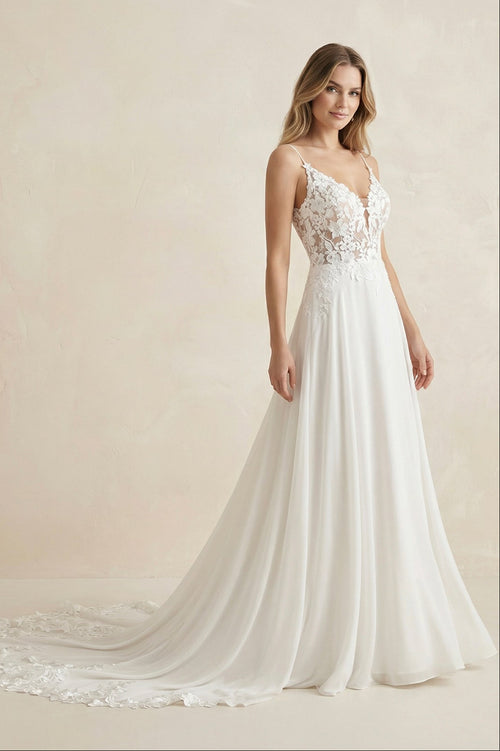 White Long Chiffon Boho A-Line Wedding Dress with Lace – Wedding Dresses by KissProm | Available at KissProm