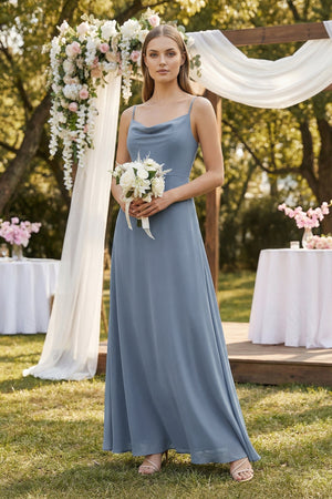 Cami Strap A-Line Chiffon Bridesmaid Dress in Neptune - KissProm BRIDESMAID DRESSES