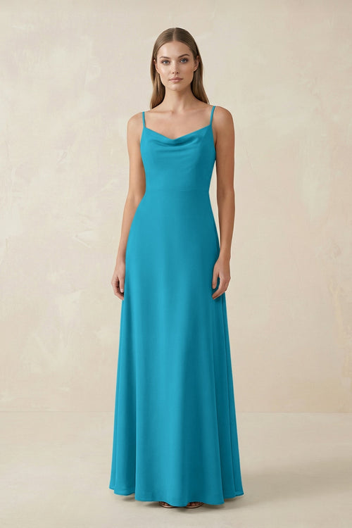 Cami Strap A - Line Chiffon Bridesmaid Dress in Blue Jay - KissProm Bridesmaid Dresses