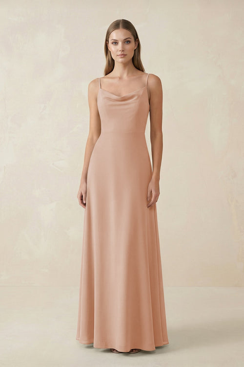 Cami Strap A - Line Chiffon Bridesmaid Dress in Champagne Rose - KissProm Bridesmaid Dresses