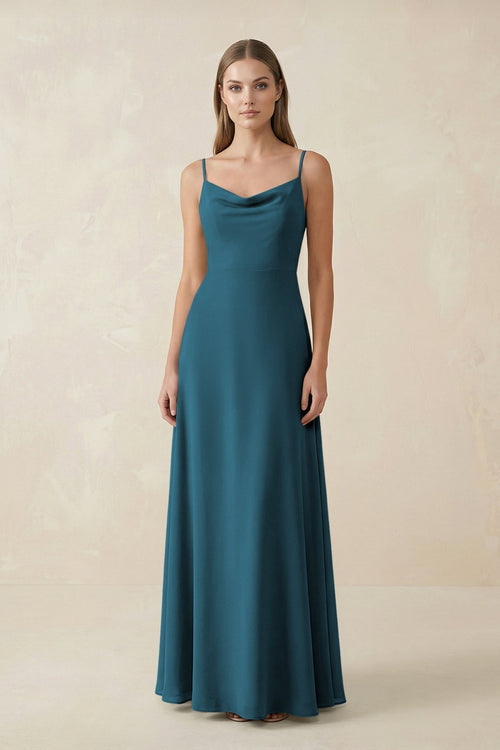 Cami Strap A - Line Chiffon Bridesmaid Dress in Dark Teal - KissProm Bridesmaid Dresses