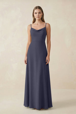 Cami Strap A - Line Chiffon Bridesmaid Dress in Dusk Blue - KissProm Bridesmaid Dresses