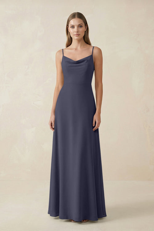 Cami Strap A - Line Chiffon Bridesmaid Dress in Dusk Blue - KissProm Bridesmaid Dresses