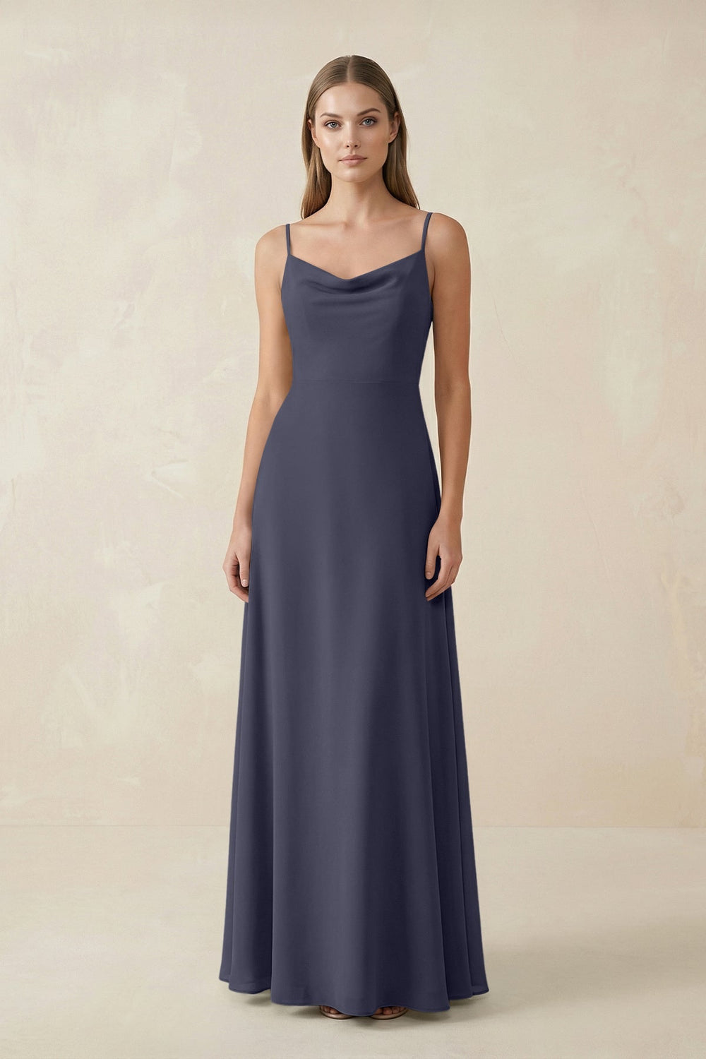 Cami Strap A - Line Chiffon Bridesmaid Dress in Dusk Blue - KissProm Bridesmaid Dresses