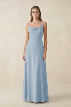 Cami Strap A - Line Chiffon Bridesmaid Dress in Dusty Blue - KissProm Bridesmaid Dresses