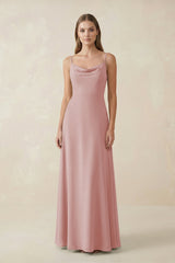 Cami Strap A - Line Chiffon Bridesmaid Dress in Dusty Rose - KissProm Bridesmaid Dresses