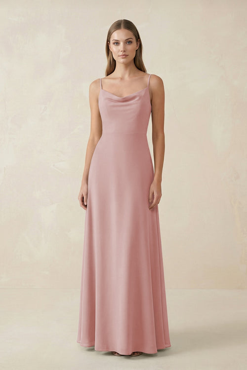 Cami Strap A - Line Chiffon Bridesmaid Dress in Dusty Rose - KissProm Bridesmaid Dresses