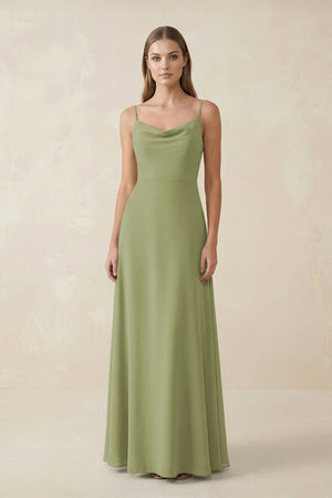 Cami Strap A - Line Chiffon Bridesmaid Dress in Moss Green - KissProm Bridesmaid Dresses
