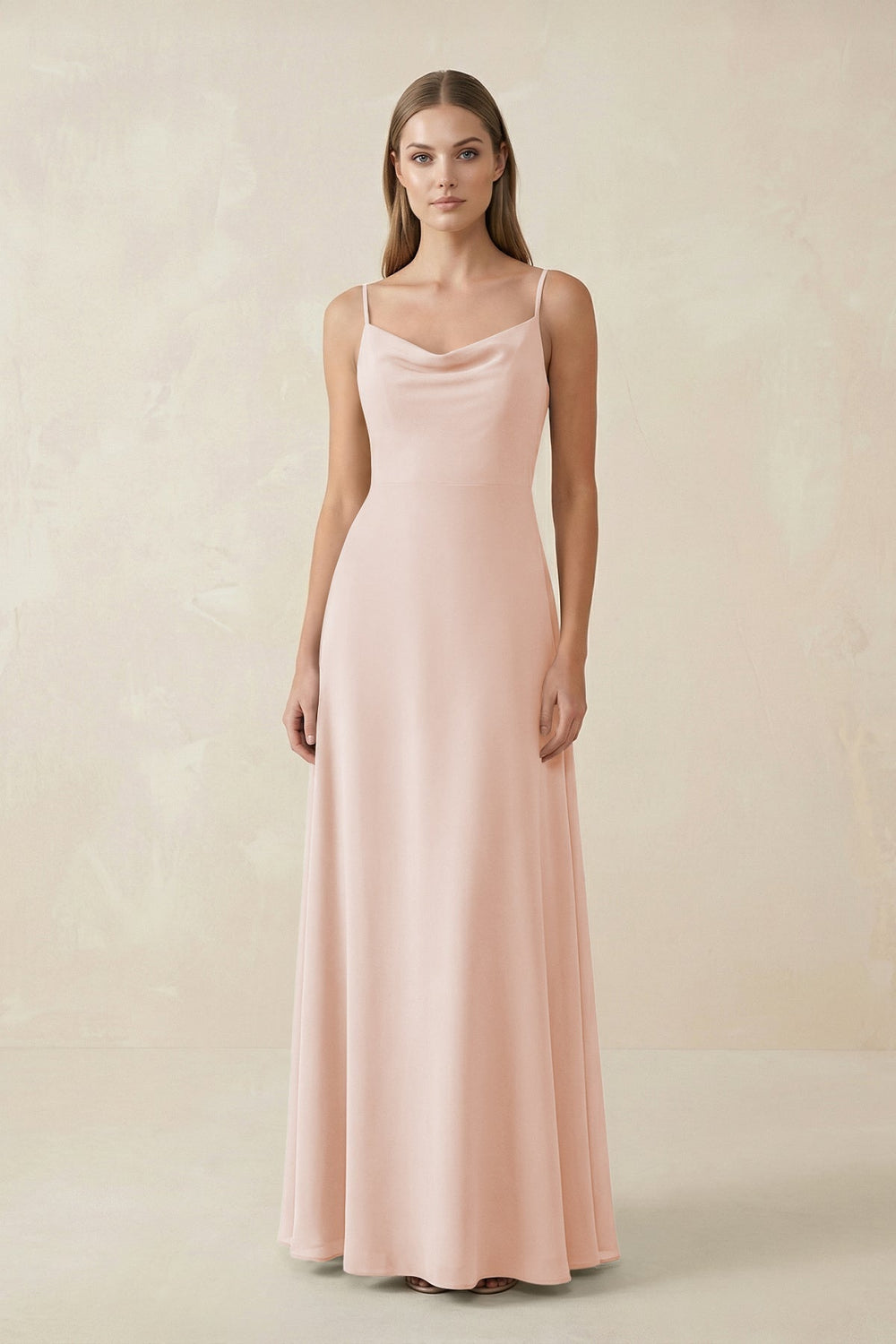 Cami Strap A - Line Chiffon Bridesmaid Dress in Pale Blush - KissProm Bridesmaid Dresses