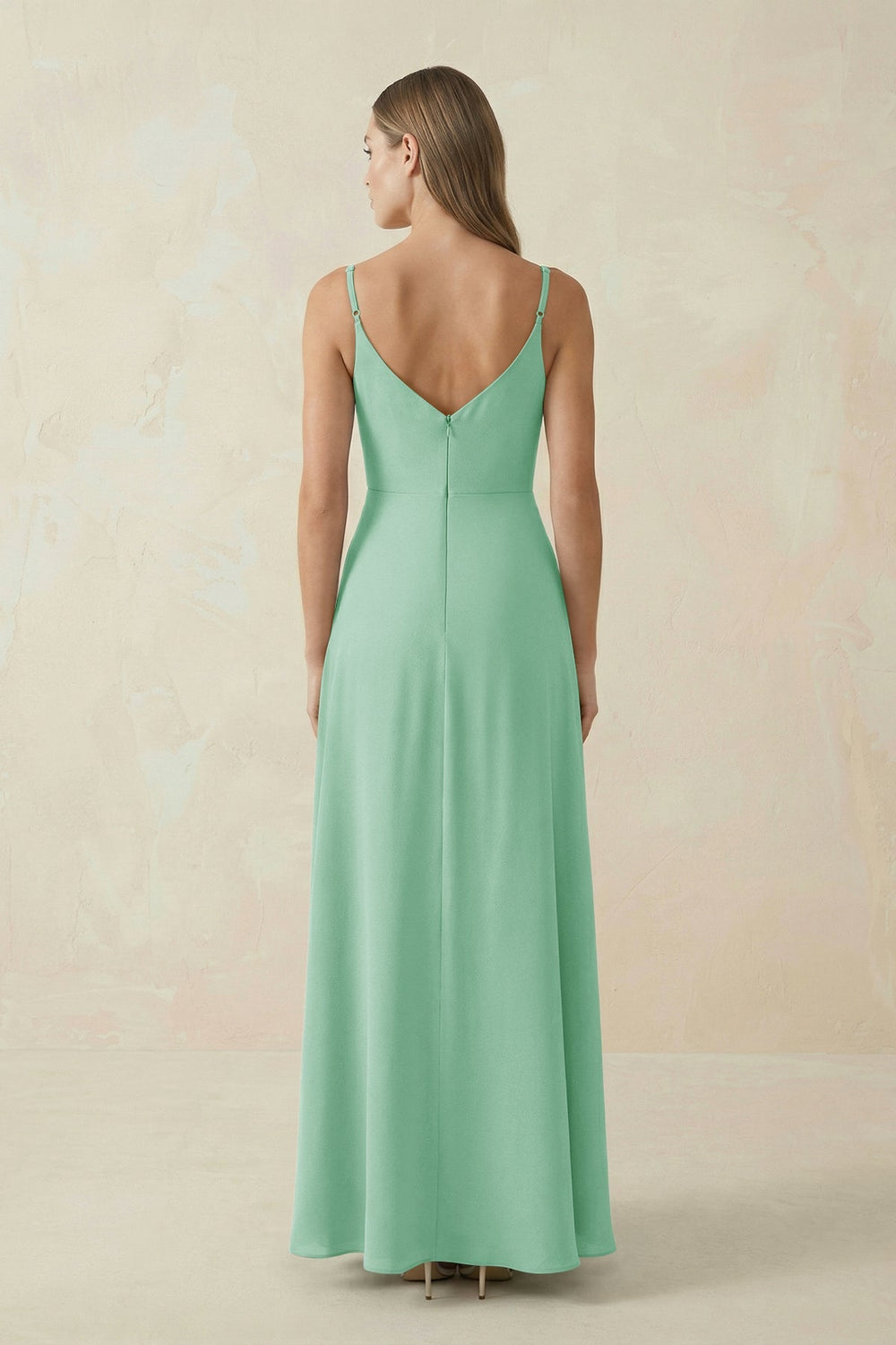 Cami Strap A - Line Chiffon Bridesmaid Dress in Pale Pistachio - KissProm Bridesmaid Dresses