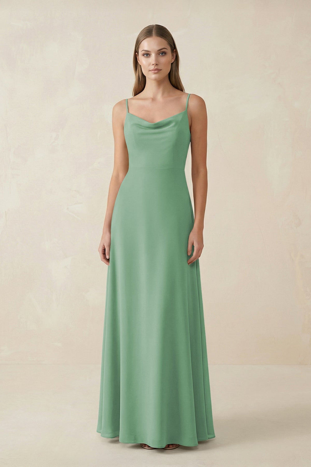 Cami Strap A - Line Chiffon Bridesmaid Dress in Sea Glass - KissProm Bridesmaid Dresses