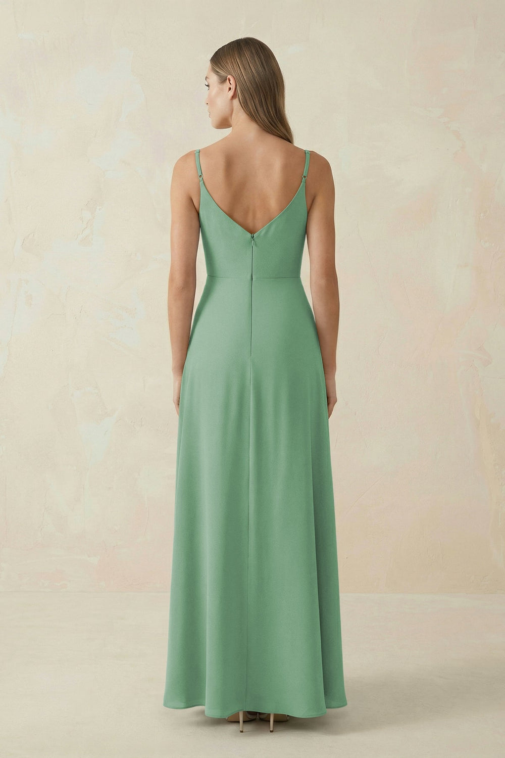Cami Strap A - Line Chiffon Bridesmaid Dress in Sea Glass - KissProm Bridesmaid Dresses