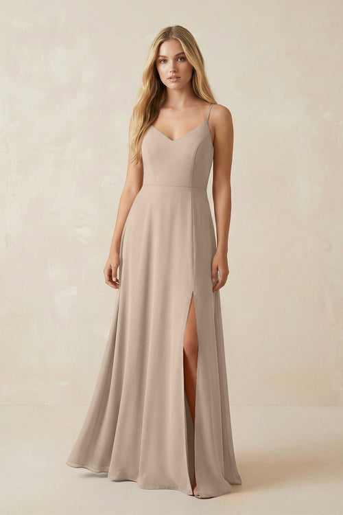 Cami Strap A-Line Chiffon Bridesmaid Dress with Slit in Almond - KissProm BRIDESMAID DRESSES