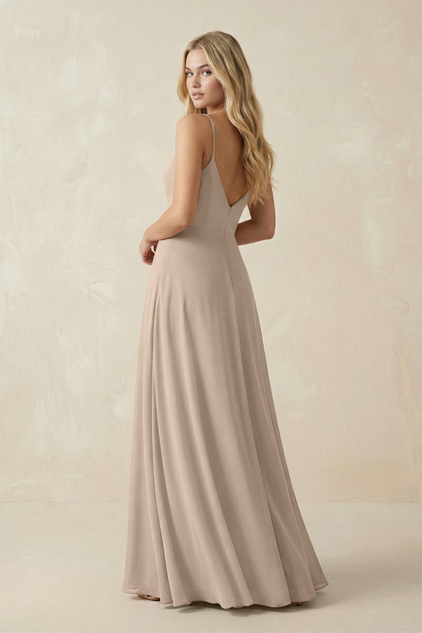 Cami Strap A-Line Chiffon Bridesmaid Dress with Slit in Almond - KissProm BRIDESMAID DRESSES