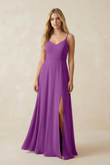 Cami Strap A-Line Chiffon Bridesmaid Dress with Slit in Amethyst - KissProm BRIDESMAID DRESSES