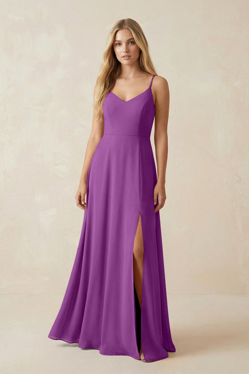 Cami Strap A-Line Chiffon Bridesmaid Dress with Slit in Amethyst - KissProm BRIDESMAID DRESSES
