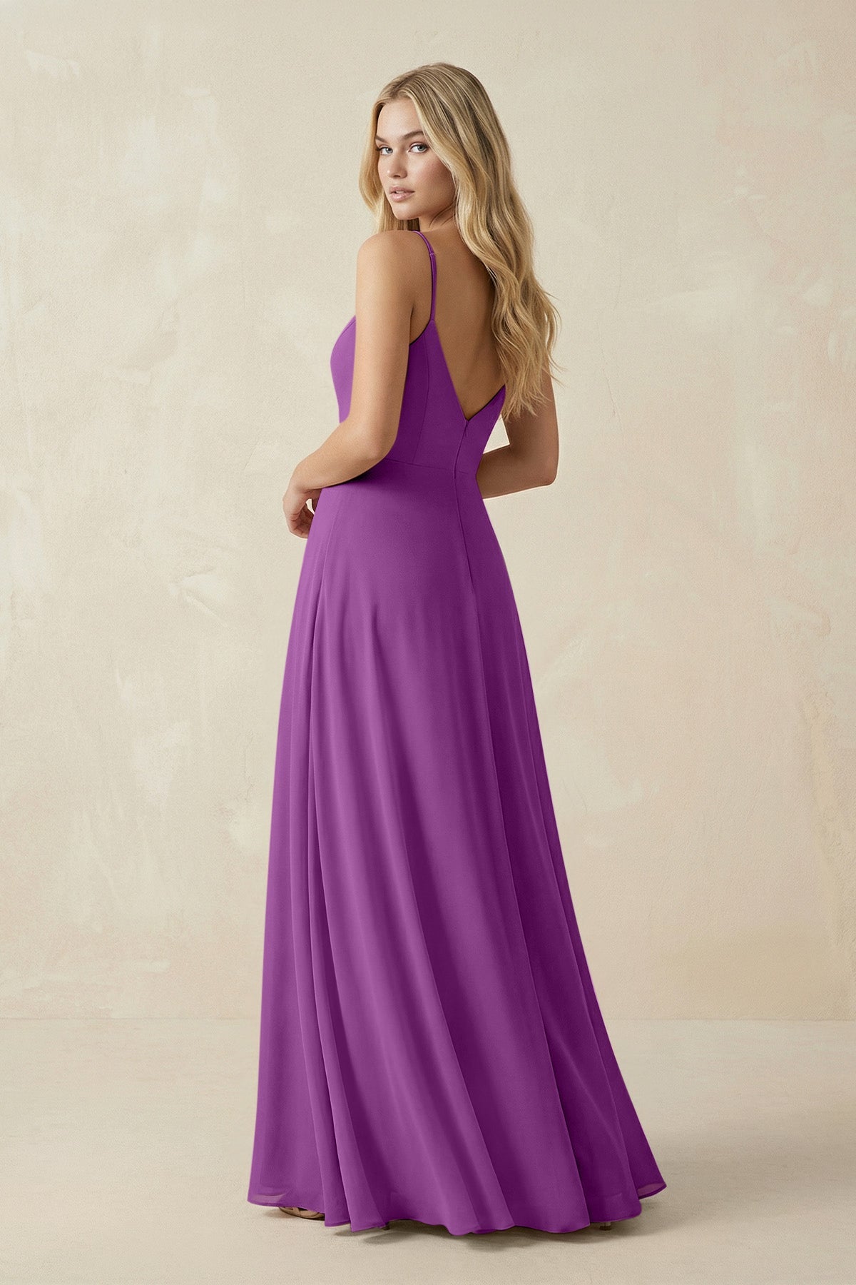 KissProm Cami Strap A-Line Chiffon Bridesmaid Dress with Slit in Amethyst, Amethyst / Custom Size( Free )