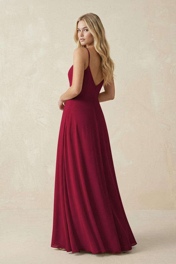 Cami Strap A-Line Chiffon Bridesmaid Dress with Slit in Berry - KissProm BRIDESMAID DRESSES